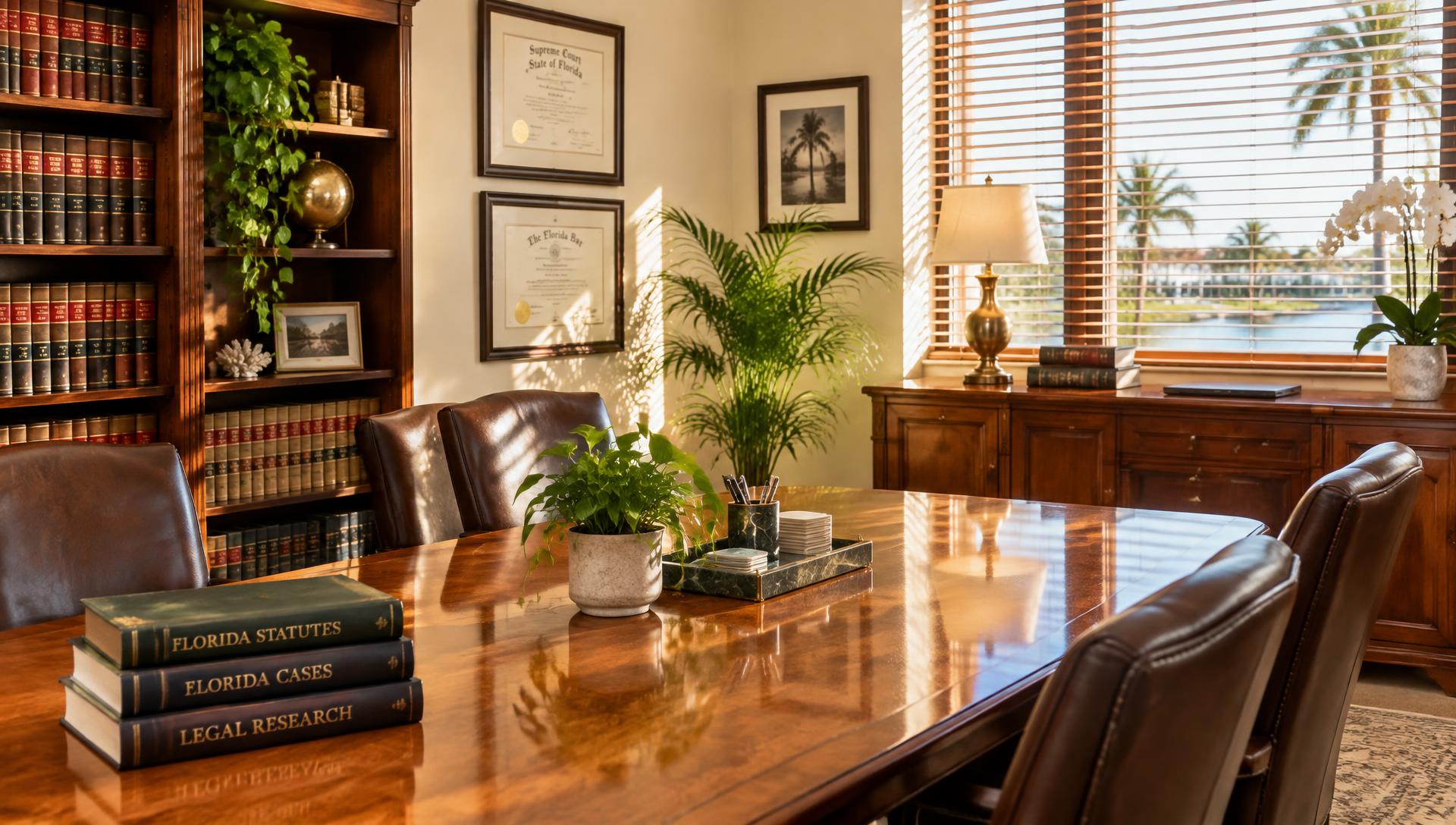 Warm, sunlit law office conference table with legal books and Florida Bar certificates — IT support for law firms by HometechIT