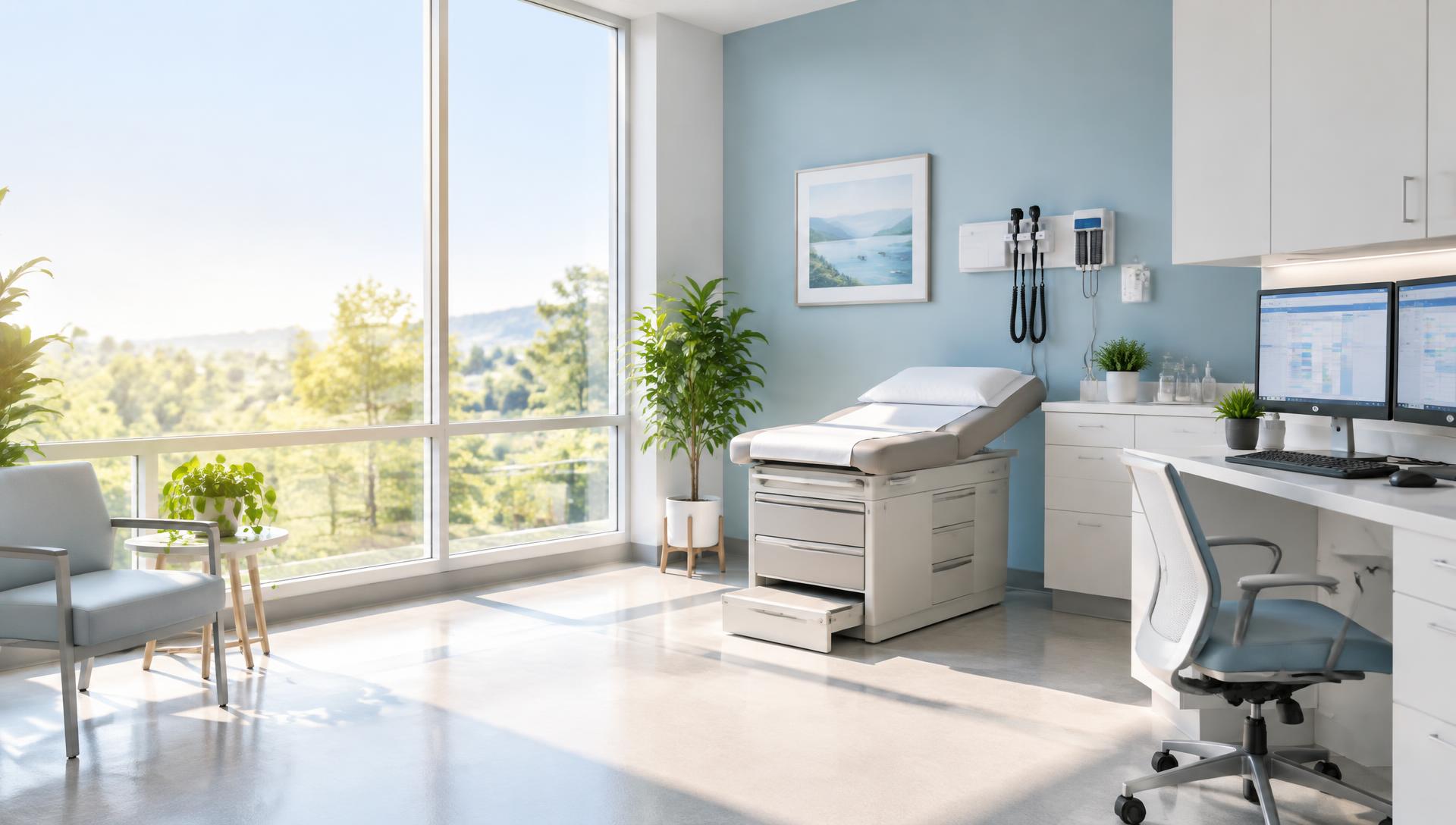 Bright, sunlit medical exam room with exam table, EHR workstation and practice management monitors — HometechIT medical office IT support